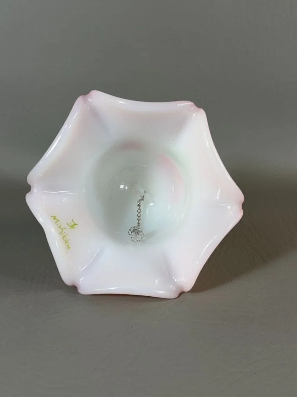Vintage Fenton Art Glass Bell Hand-Painted Floral Signed M. Kibbe Satin Pink